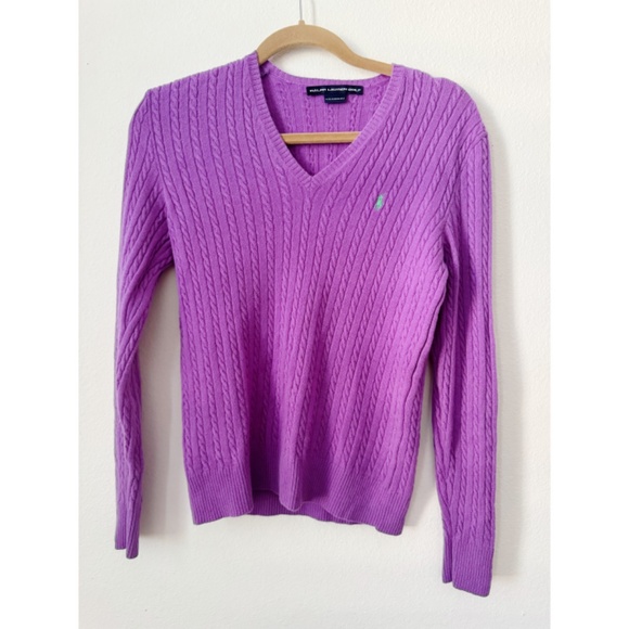 Ralph Lauren Golf Cashmere Cable-Knit Cotton V-Neck Sweater Purple S - Picture 2 of 5